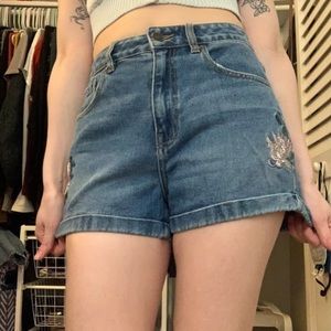 high rise jean shorts with embroidered flowers